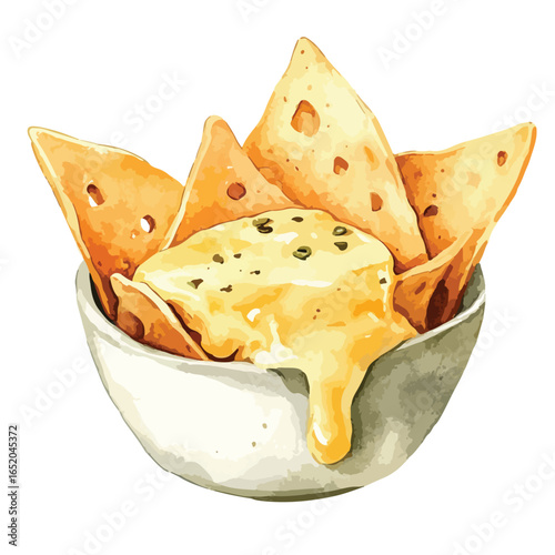 Watercolor Illustration of Nachos with Cheese a Delicious Appetizer in a Bowl