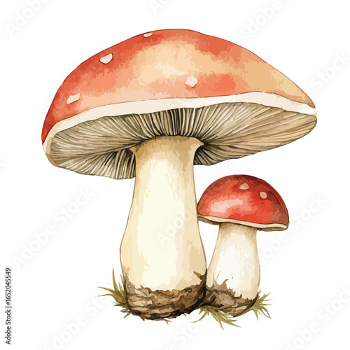 Watercolor Illustration of Two Detailed Mushrooms with Red Caps and White Spots