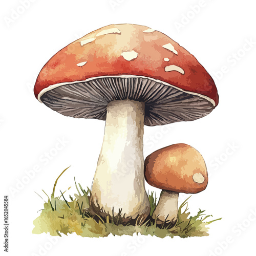 Watercolor Illustration of Two Fungi with ReddishOrange Caps and White Spots