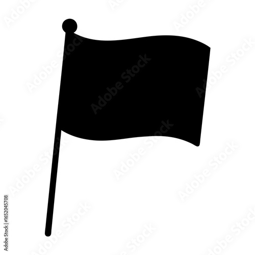 Black flag icon with pole and ball on top waves in the wind