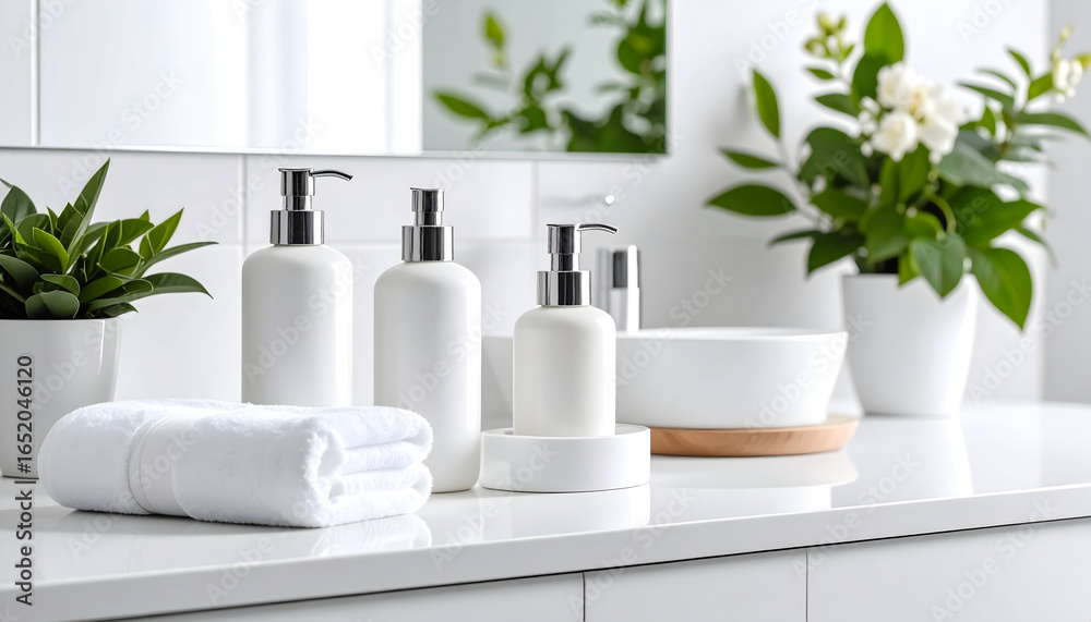 Fototapeta premium White Bathroom Interior with Clean Surface and Elegant Hygiene Products