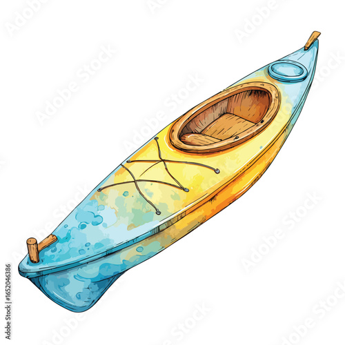 Watercolor Kayak with Wooden Details and Blue and Yellow Hues