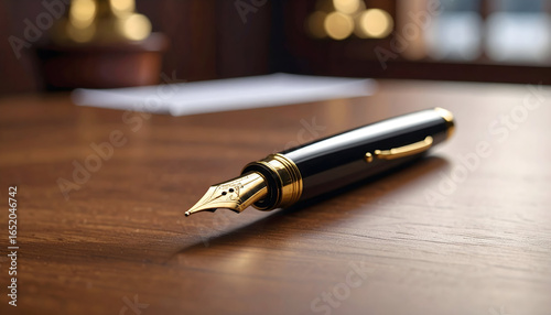 Close Up of Gold Tipped Fountain Pen Resting on a Polished Wooden Desk with Warm Lighting