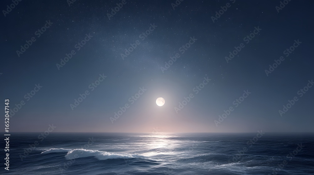 Fototapeta premium A silent ocean surface under full moon glow