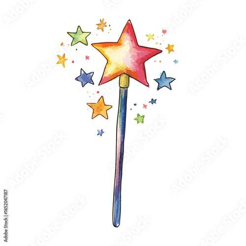 Watercolor Magic Wand with Colorful Stars and Sparkling Effects