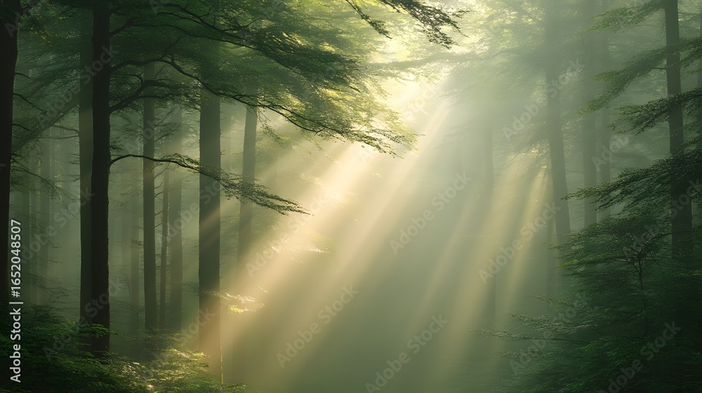 Fototapeta premium A sacred foggy woodland glowing with soft green and golden aura
