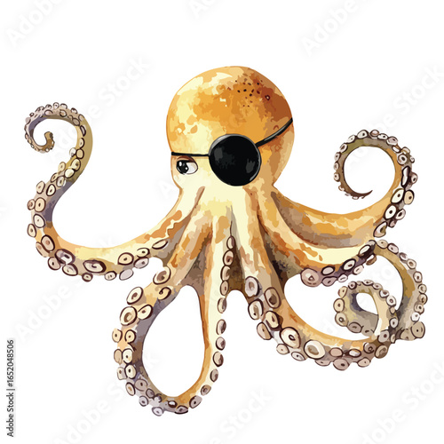 Watercolor Octopus Pirate with Eye Patch and Curled Tentacles Ready for Adventure