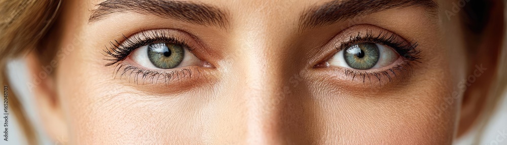 Fototapeta premium Puffy cream for circles and skin concept. Close-up of a woman's captivating green eyes full of emotion.