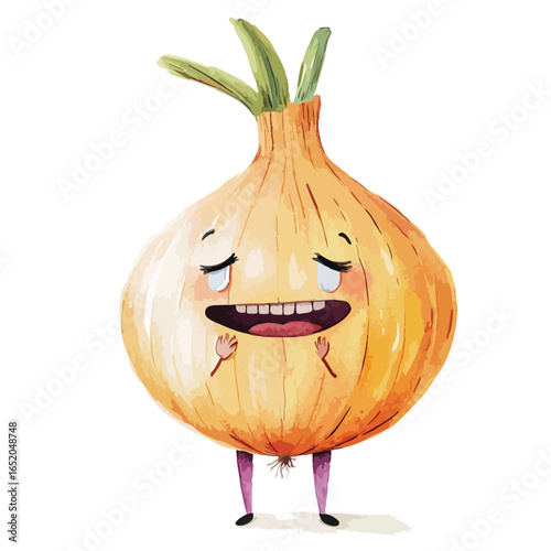 Watercolor Onion Character Weeping Joyfully with Tiny Legs