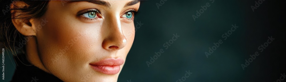 Naklejka premium Puffy swelling on skin and model concept. Close-up of a thoughtful woman against a dark background.