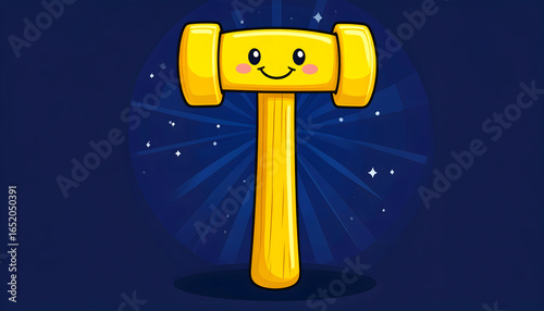 Smiling Yellow Hammer Tool with Wooden Handle on a Dark Blue Background