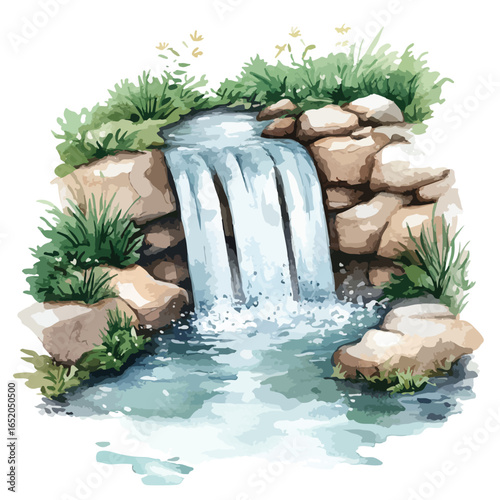 Watercolor Painting of a Serene Waterfall Cascading Over Rocky Terrain