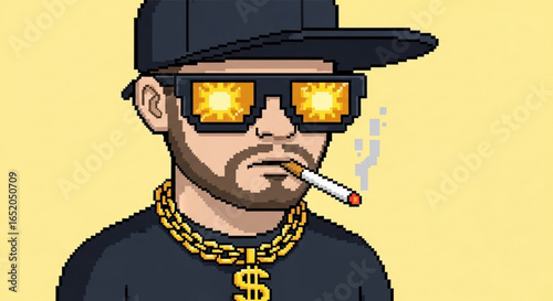 Pixel art nft avatar of a cool dude smoking with gold chain and sunglasses digital collectible art