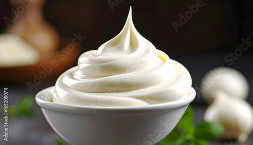 Close Up View of White Creamy Sauce in Bowl with Garlic and Fresh Herbs