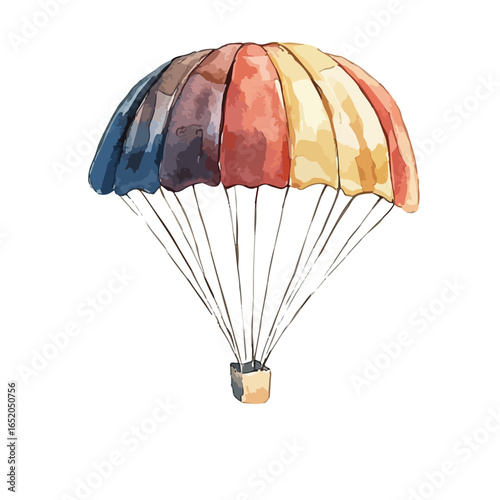 Watercolor Parachute with Blue Brown Red and Yellow Panels and Suspension Lines