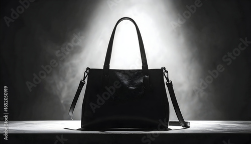 Elegant Black Handbag Silhouette Under Spotlight with Dramatic Lighting in Studio Setting