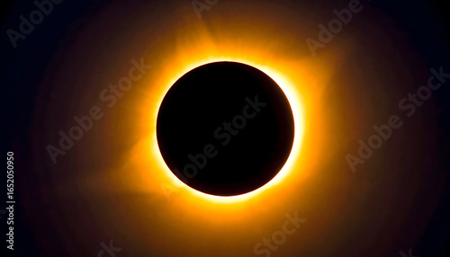Solar Eclipse Showing Black Circle with Golden Corona Against Dark Background