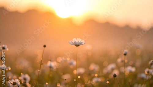 Single Daisy in Focus with Golden Sunlight in a Misty Meadow during Sunrise or Sunset