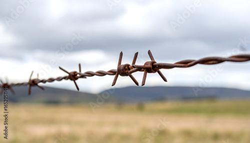 Close Up Of A Rusty Barbed Wire Fence With A Blurred Background Of Fields And Mountains Under A Cloudy Sky