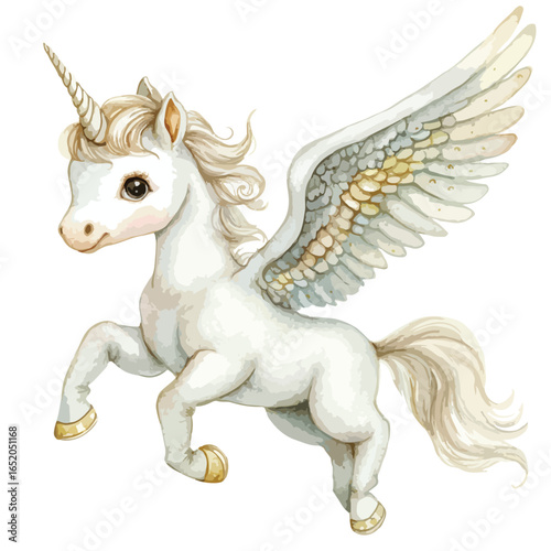 Watercolor Pegasus with Golden Hooves and Horn Ready for Flight