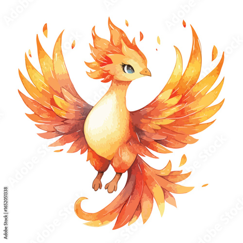 Watercolor Phoenix with Fiery Plumage and Bright Blue Eyes in Flight