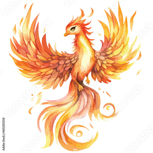 Watercolor Phoenix with Fiery Plumage and Elegant Tail Feathers