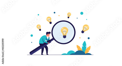 Man intensely searching for brilliant ideas with magnifying glass among glowing lightbulbs