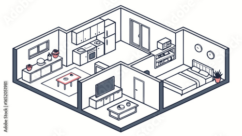 Isometric apartment floor plan design with kitchen living room and bedroom interior design illustration
