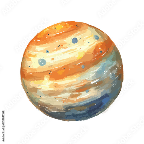 Watercolor Planet Depicting Swirling Bands of Orange Blue and Brown Hues