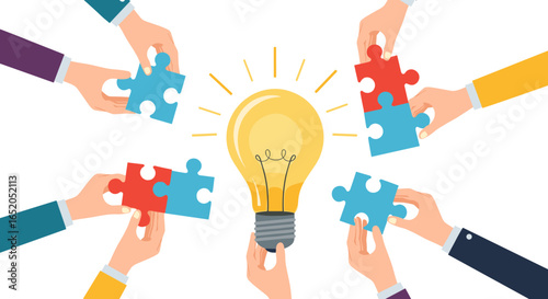 Teamwork ignites brilliant ideas, assembling puzzle pieces around a glowing lightbulb for innovation.