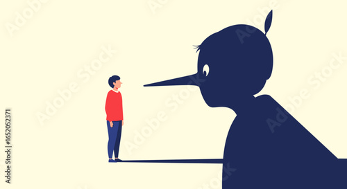 Man confronts deceptive shadow with long nose, symbolizing dishonesty and betrayal