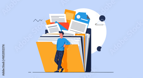 Young man confidently stands near a large open folder overflowing with documents and papers