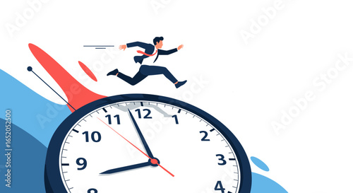 Urgent businessman races against time, sprinting over a large clock face, feeling the pressure