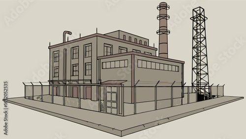 Illustration of industrial factory building with smokestacks and security fence vector drawing design asset