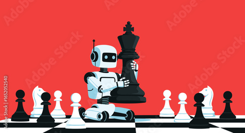 Intelligent robot strategizing with chess king symbolizing AI dominance in future games