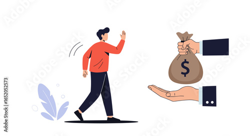 Man refusing money offer, walking away from financial opportunity with a confident stride.