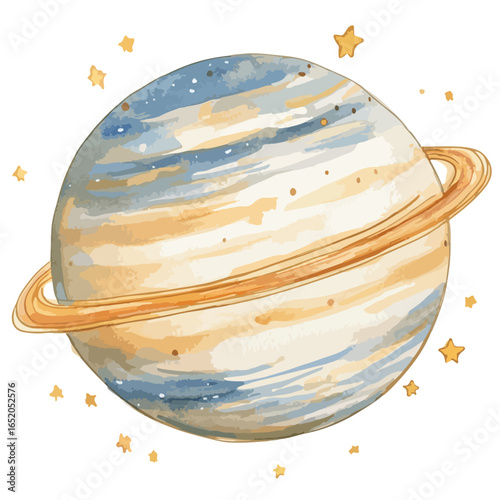 Watercolor Planet with Rings and Surrounding Golden Star Embellishments