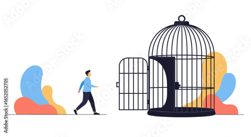 Man confidently walks out of an open birdcage towards freedom and new opportunities.