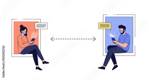 People connecting digitally, maintaining distance while communicating through devices and virtual interfaces.