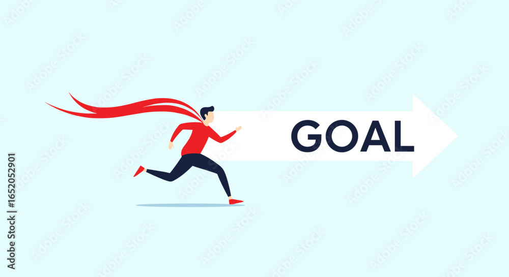 Naklejka premium Dynamic businessman sprints toward success, cape flowing, chasing the GOAL with determination and speed.