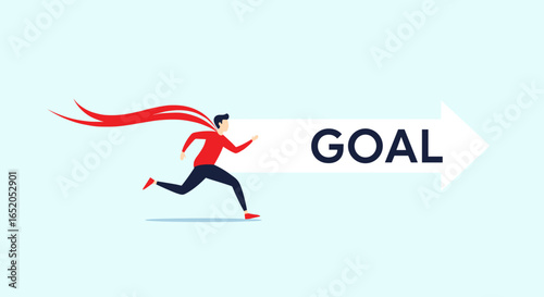 Dynamic businessman sprints toward success, cape flowing, chasing the GOAL with determination and speed.