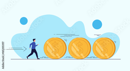 Man races towards golden dollar coins symbolizing financial growth and wealth accumulation