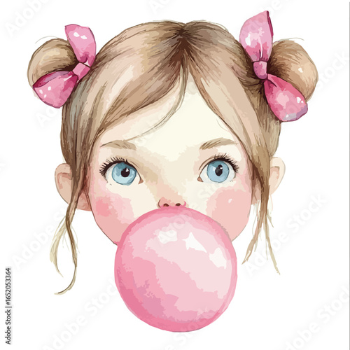 Watercolor Portrait of a Girl with Bows and Bubblegum