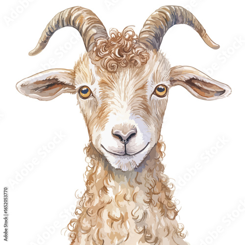 Watercolor Portrait of a Smiling Goat with Curly Hair and Horns (1)