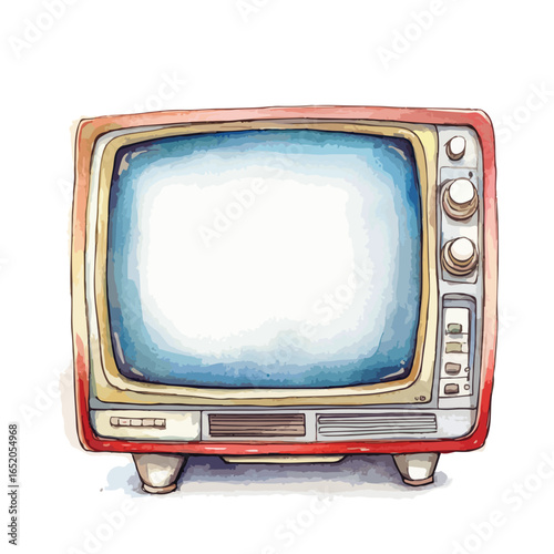Watercolor Retro Television with Rounded Edges and Three Control Knobs