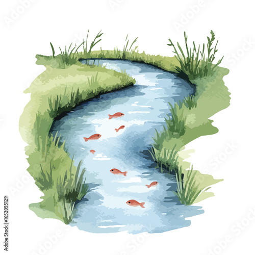 Watercolor river scene with small red fish swimming upstream in a winding stream