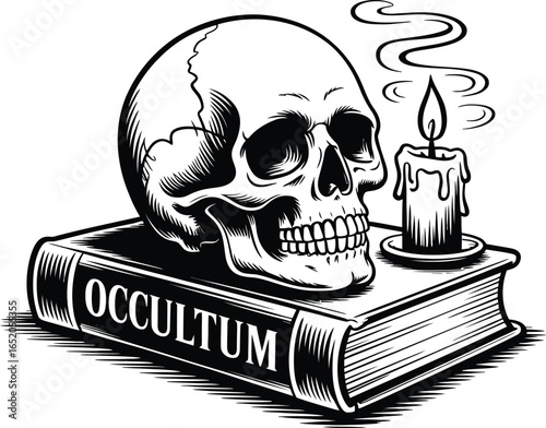 A monochrome illustration features a skull resting atop a book labeled "Occultum," accompanied by a lit candle with dripping wax and smoke, creating a mysterious and gothic vibe.