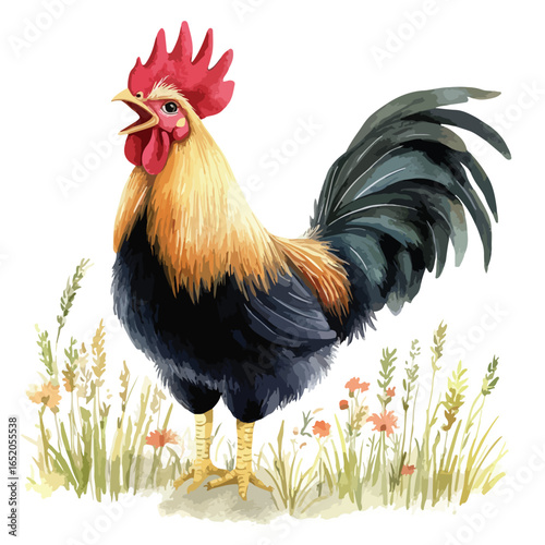 Watercolor Rooster Crowing in a Field of Wildflowers and Grasses