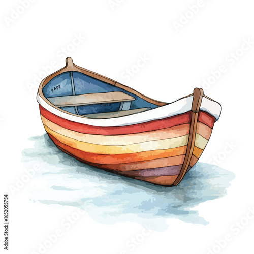 Watercolor Rowboat with Colorful Stripes and the Word Happ Inside