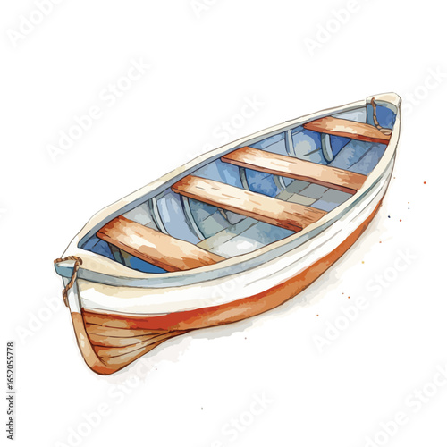 Watercolor Rowboat with Wooden Seats and Ropes